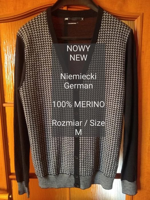 WE Nowy elegancki niemiecki męski sweter rozpinany, 100% Merino, Roz M