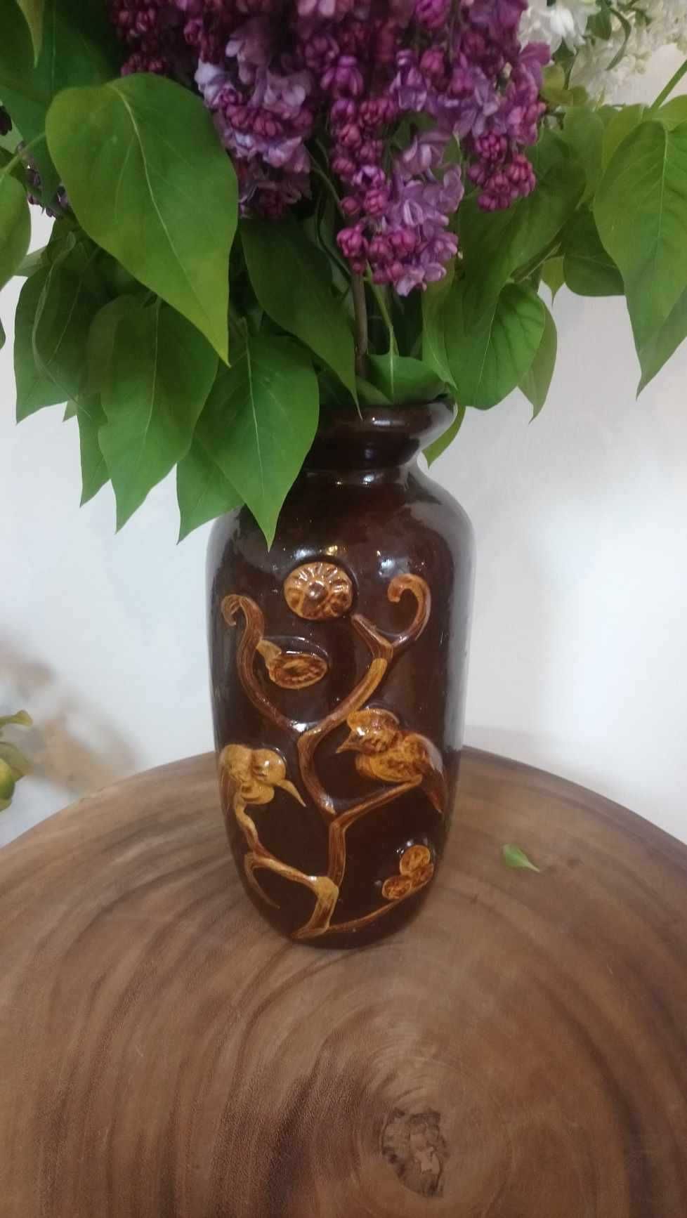 Wazon ceramiczny z ptakami, PRL, vintage, brązowy,