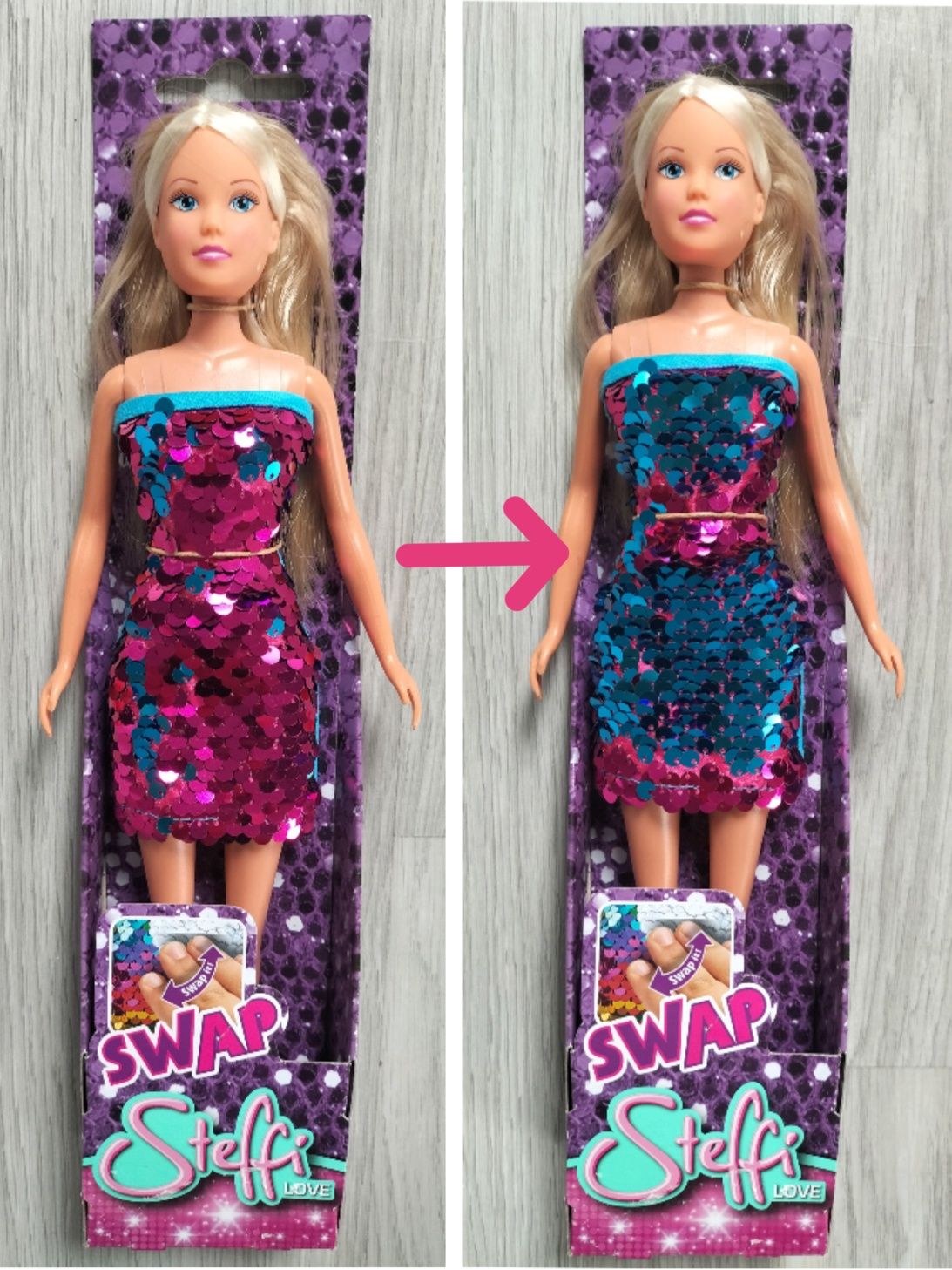 Lalka Barbie Steffi Love Swap Simba cekiny błyszcząca sukienka