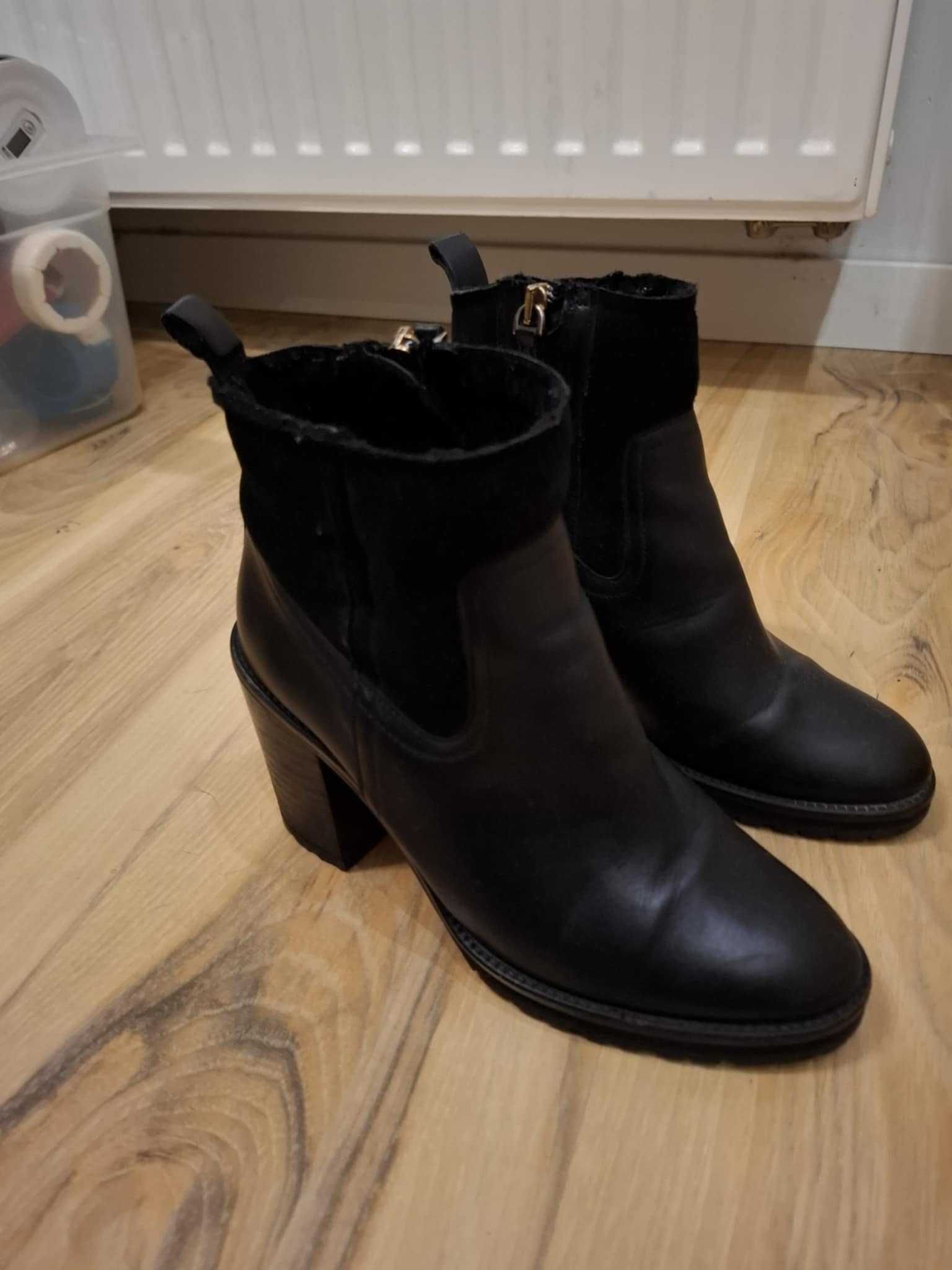 36 Massimo Dutti czarne botki buty na obcasie skórzane ze skóry skóra