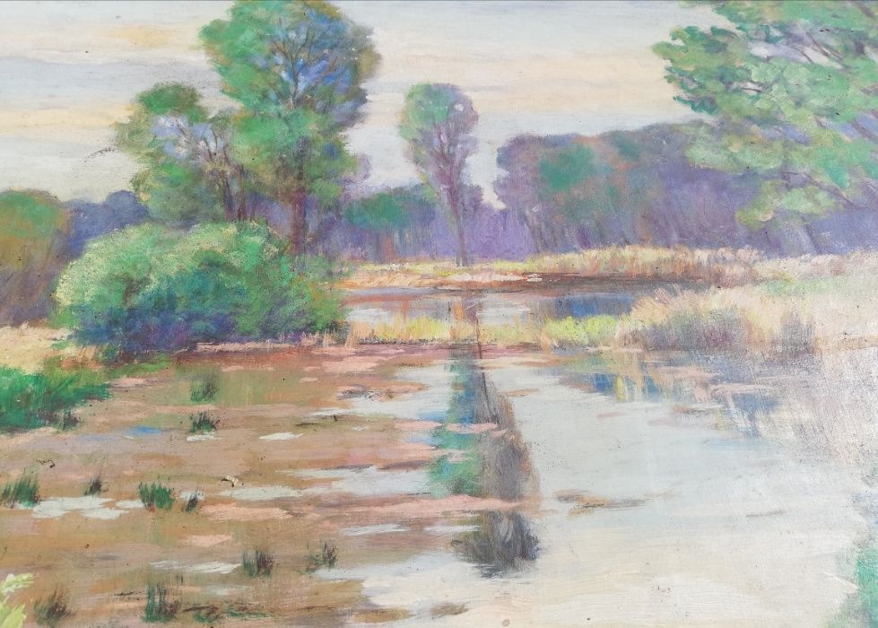 Obraz olej na płótnie pejzaż rzeka rok1973, drewniana rama 59x79 cm