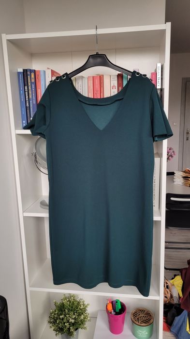 Sukienka letnia krótka mini krótki rękaw nowa ciemnozielona zdobione