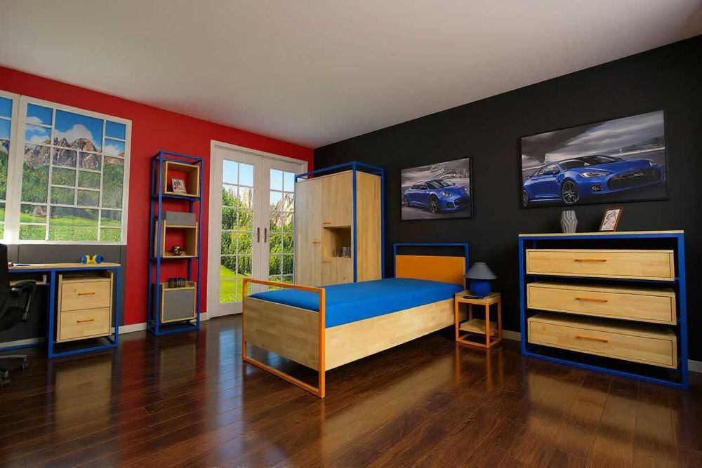 Zestaw mebli młodzieżowych – drewno jawor & kolorowa stal