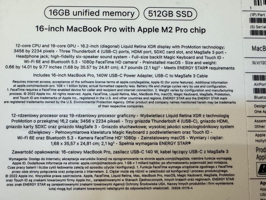 MacBook Pro 16" M2 Pro 12CPU/19GPU, 16GB RAM, 512GB SSD, 93% baterii