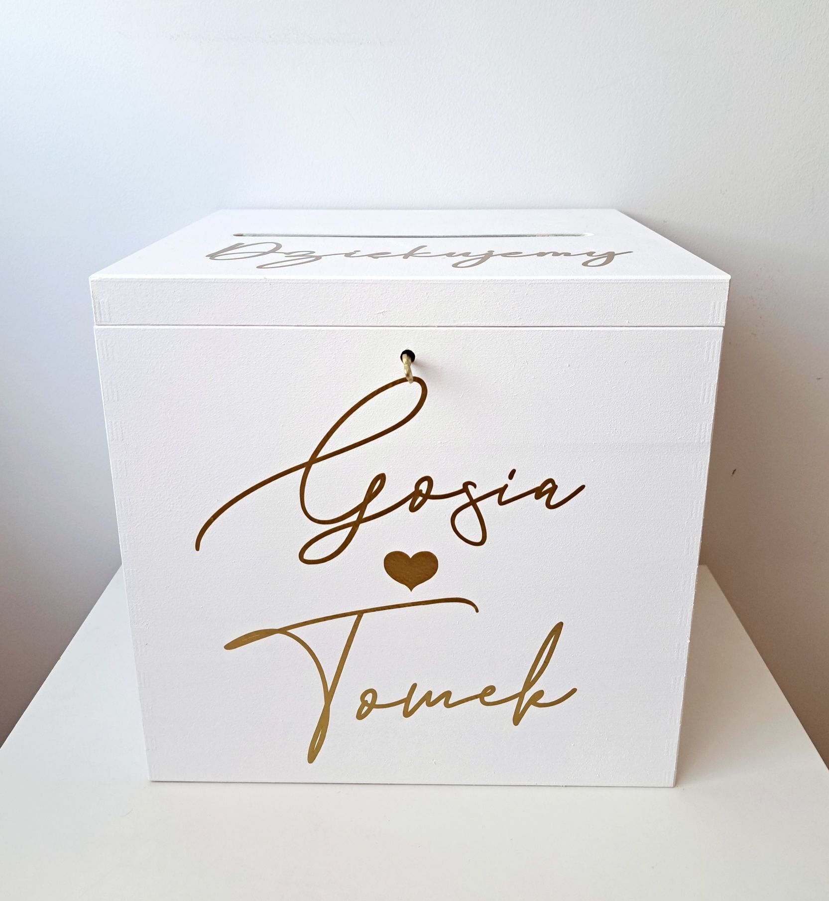 Duże Białe pudełko na koperty personalizacja złoty napis ślub wesele
