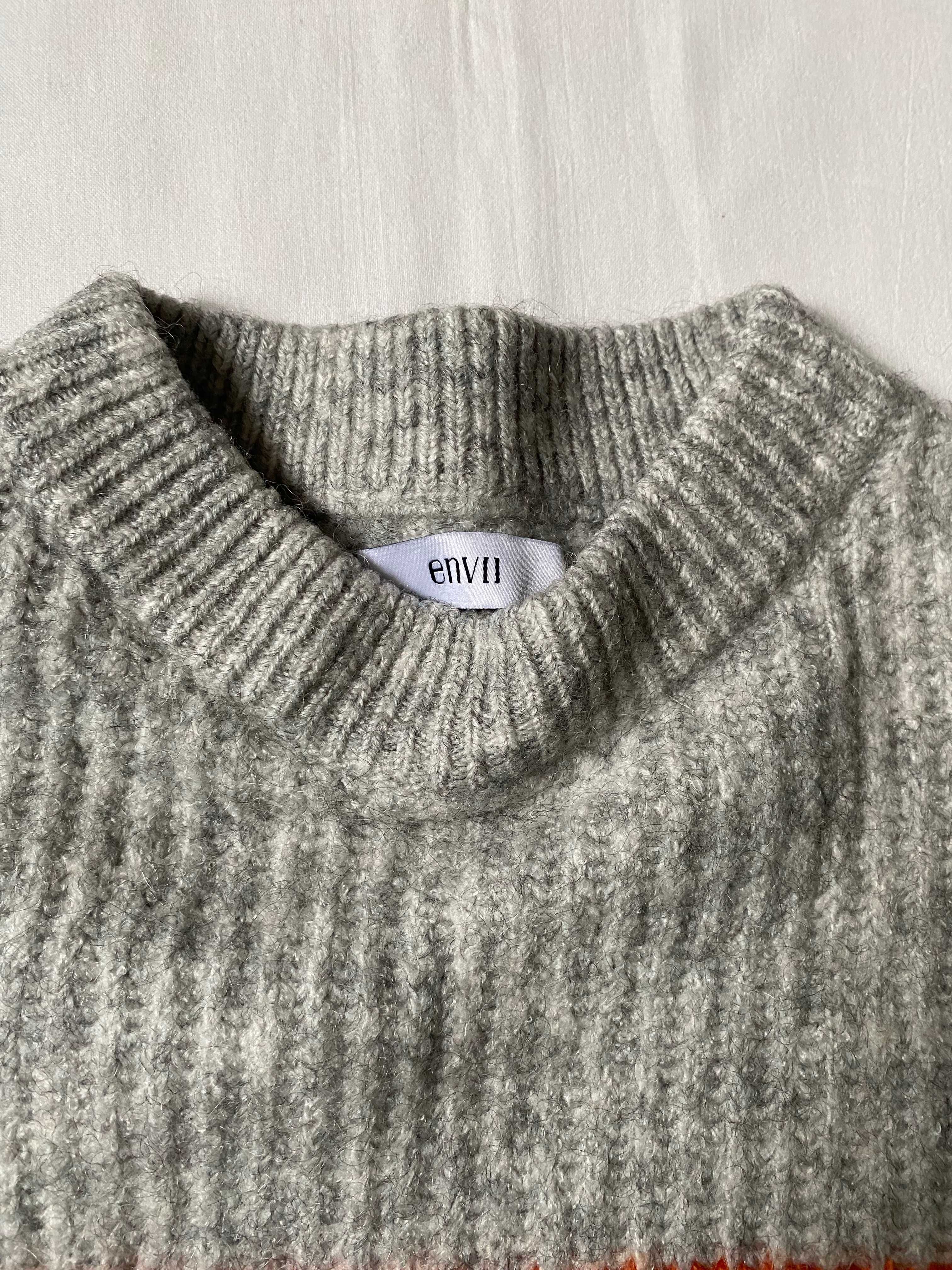 Sweter z półgolfem, szary w paski, krótki, 10% wełna, vintage 38/M