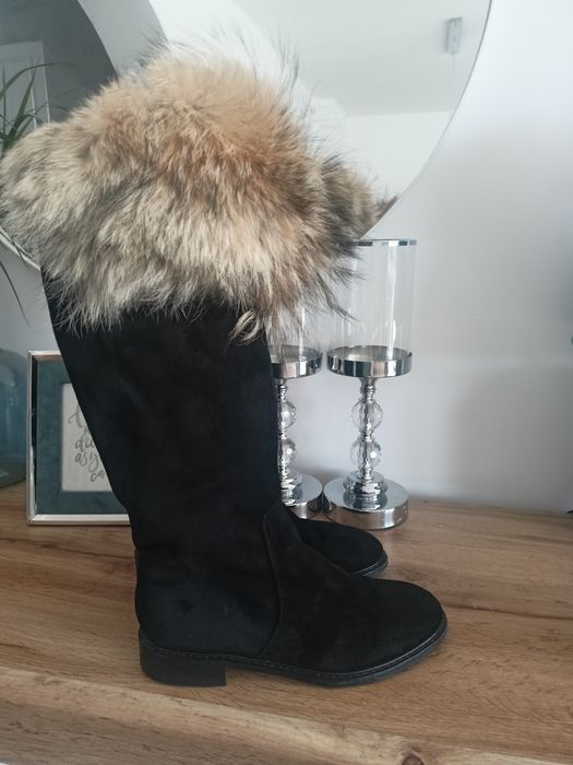 Kozaki damskie 38 czarne jenot naturalne futro skórzane
