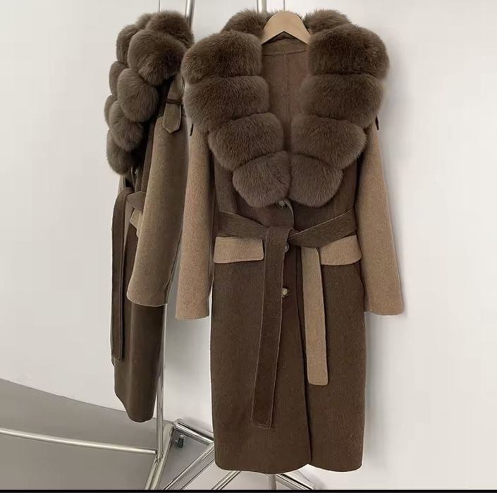 Kontantto plaszcz kaszmirowy w brazie z futrem lisa xs-xxl