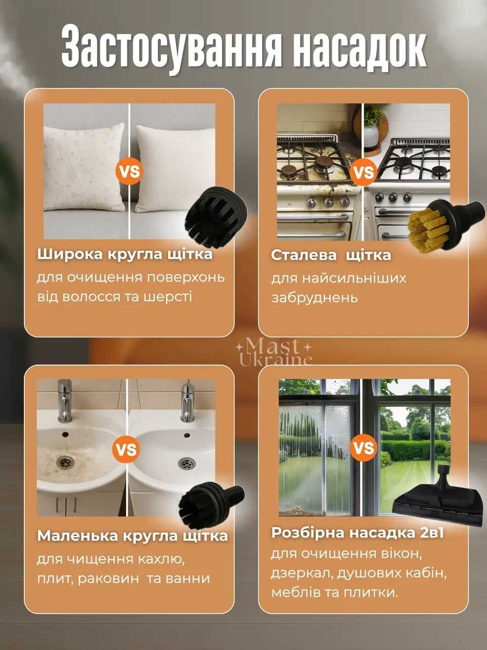 Портативный пароочиститель, отпариватель с насадками для чистки