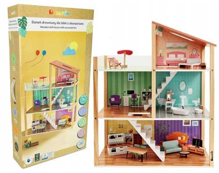 Drewniany domek dla lalek Elefun z akcesoriami meble swiecaca lampka
