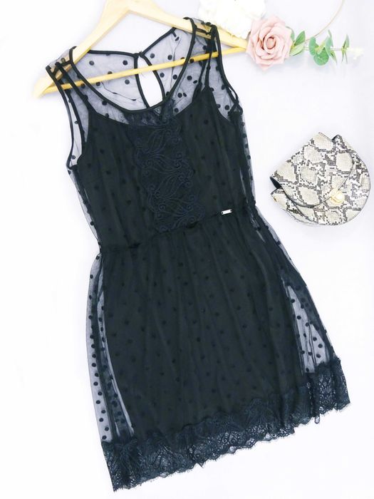 G13 wieczorowa sukienka GUESS koronka haft czarna rozkloszowana M 38