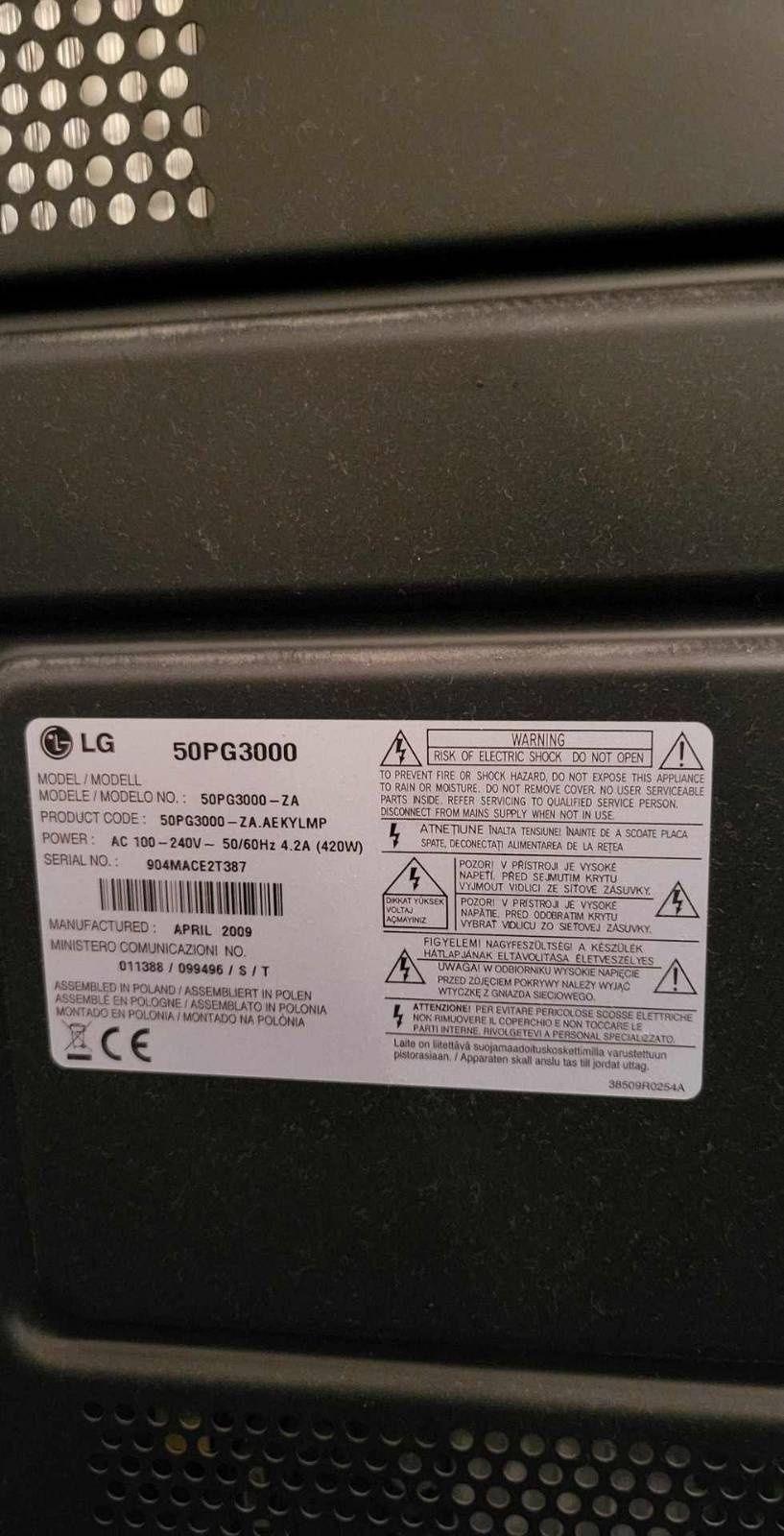 Telewizor LG 50" plazma 50PG3000 – sprawny, bez pilota i podstawy