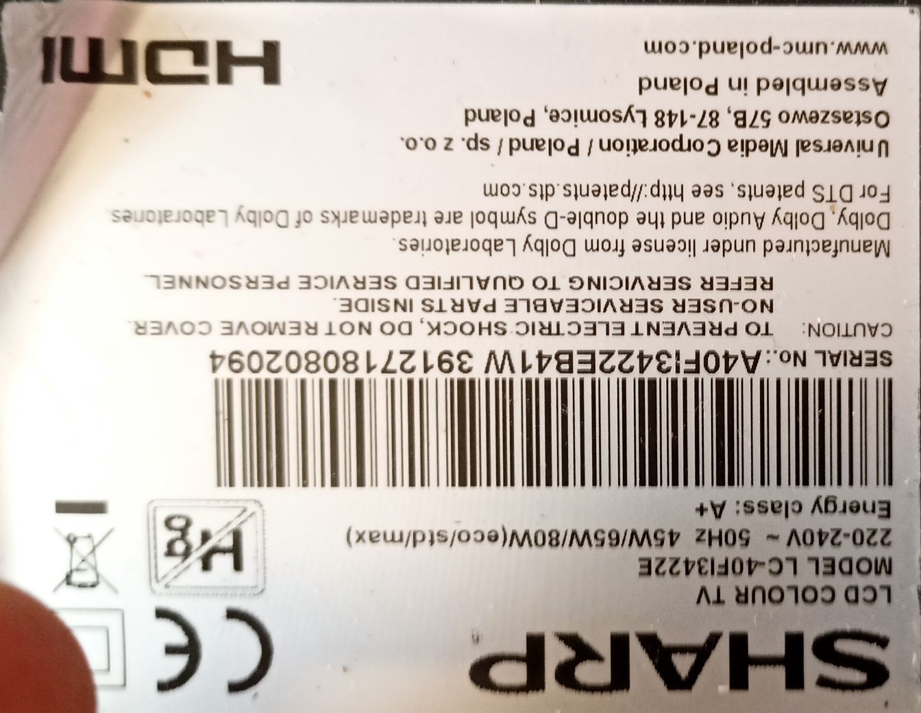 Zepsuty telewizor Sharp lc-40FI3423E
