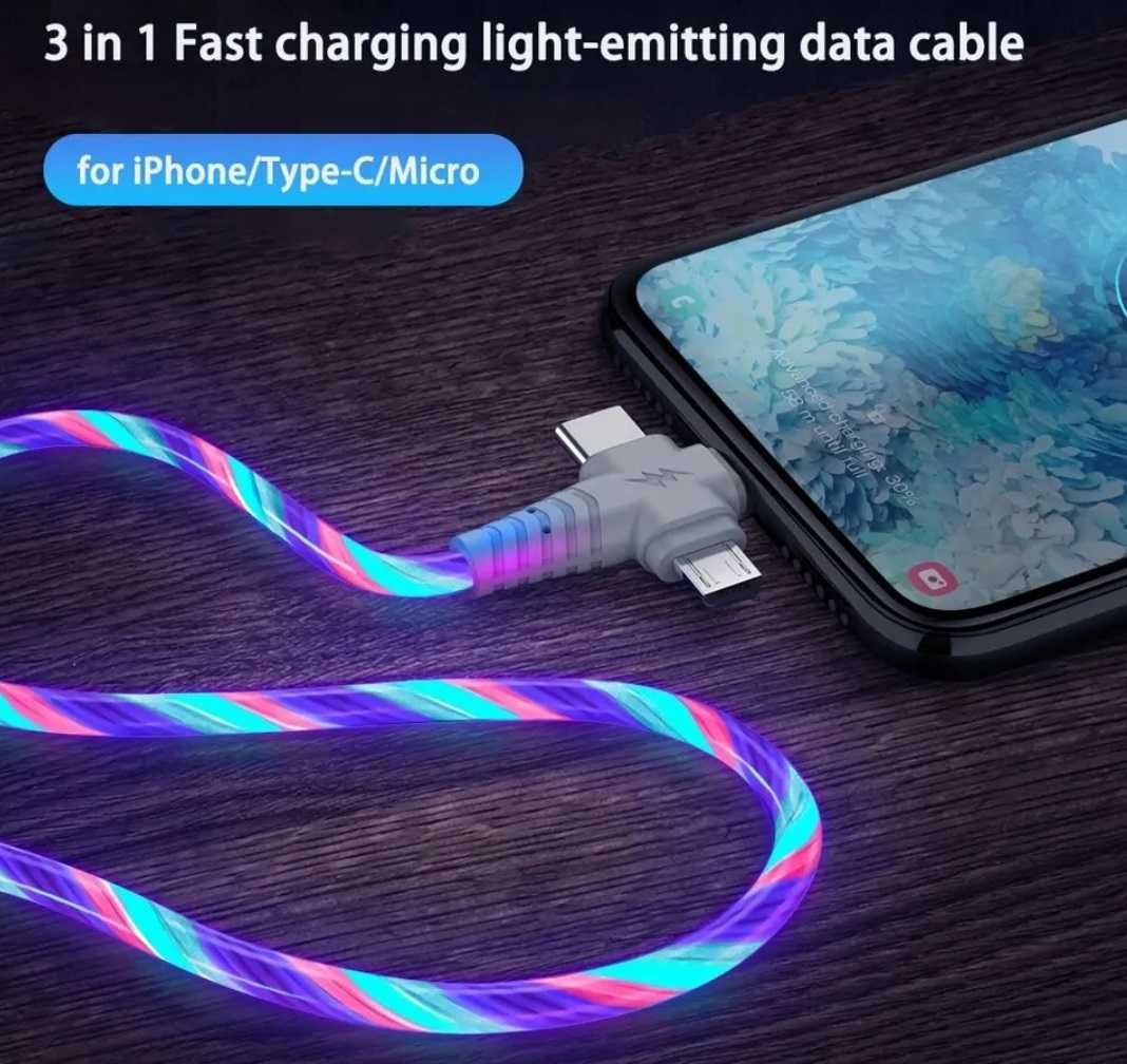 Świetlny kabel ładujący 3A 3w1 Micro USB C Lightning 1m LED