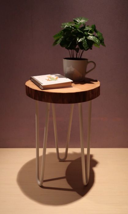 Stolik / stołek / taboret / kwietnik (hairpin legs,dąb,plaster drewna)