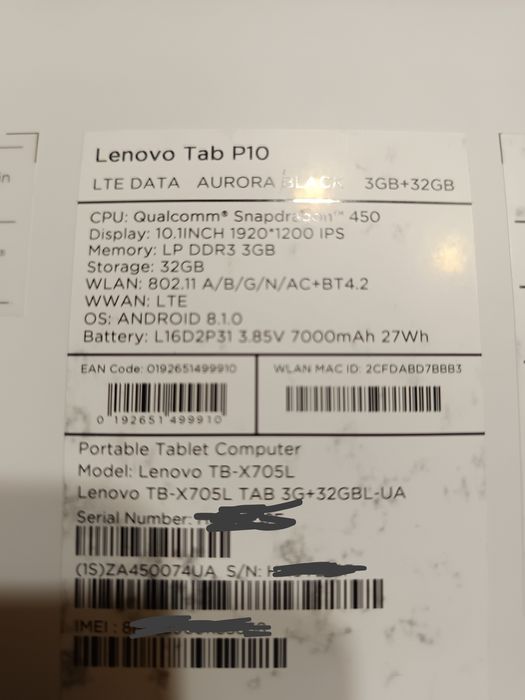 Планшетный ПК lenovo tab P10
