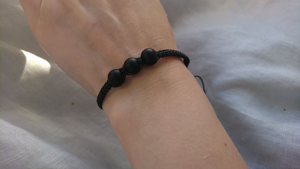 Bransoletka czarna sznurkowa pleciona makrama kamienie  czarny Onyks
