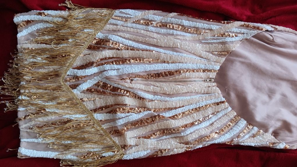 Sukienka latino XXS złota ozdoby frędzle