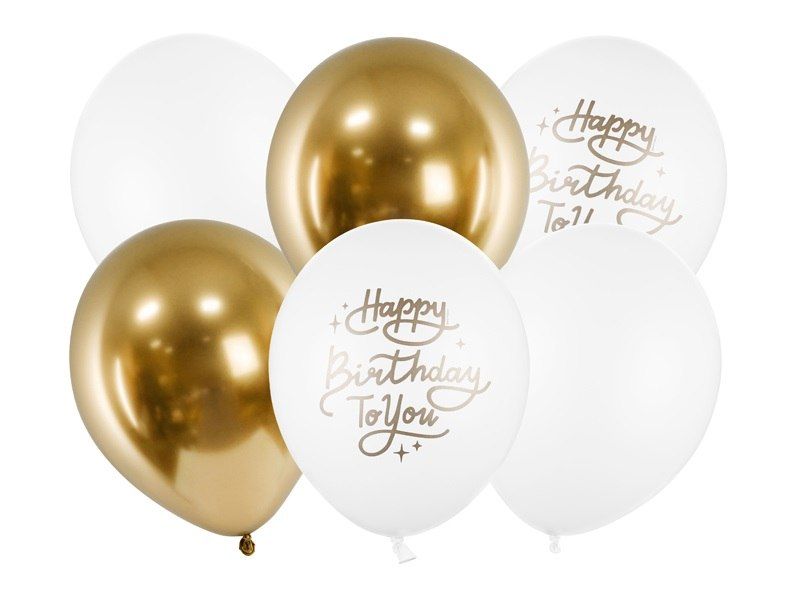 Balony 30cm Happy Birthday To You 6szt złoty biały