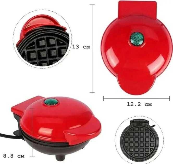 Электрическая мини вафельница с антипригарным покрытием красная