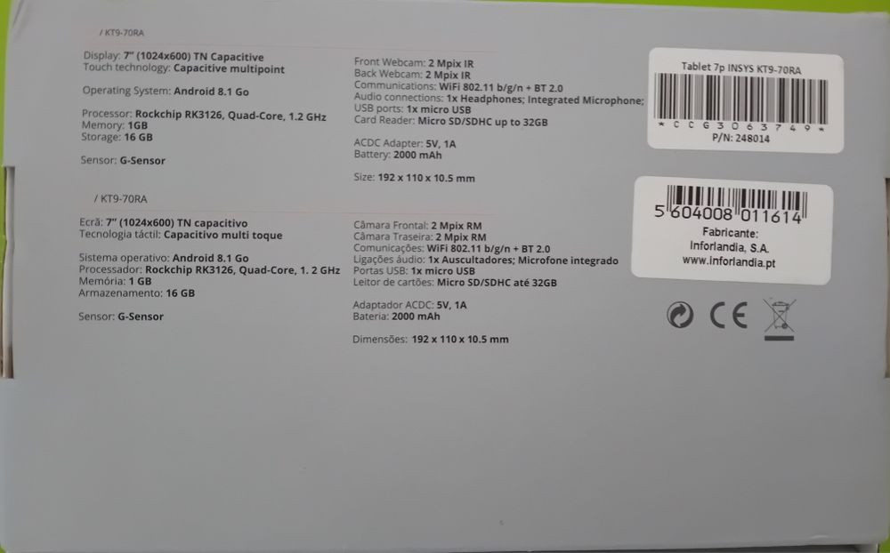 Tablet 7"INSYS 1GB RAM 16GB Semi-novo para Peças