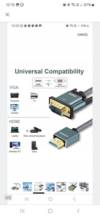 Kabel nylonowy pleciony HDMI do VGA 3M 1080P/60HZ