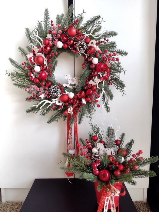 Wianek +stroik świąteczny bożonarodzeniowy komplet czerwony konik