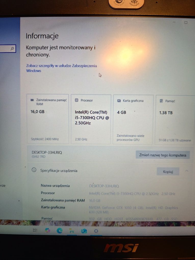 Laptop msi GV62 7RD