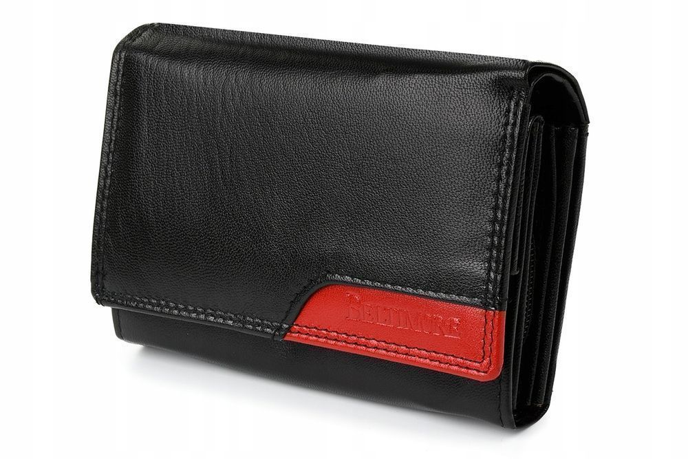 BELTIMORE portfel skórzany damski RFiD skóra karty czarny czerwony