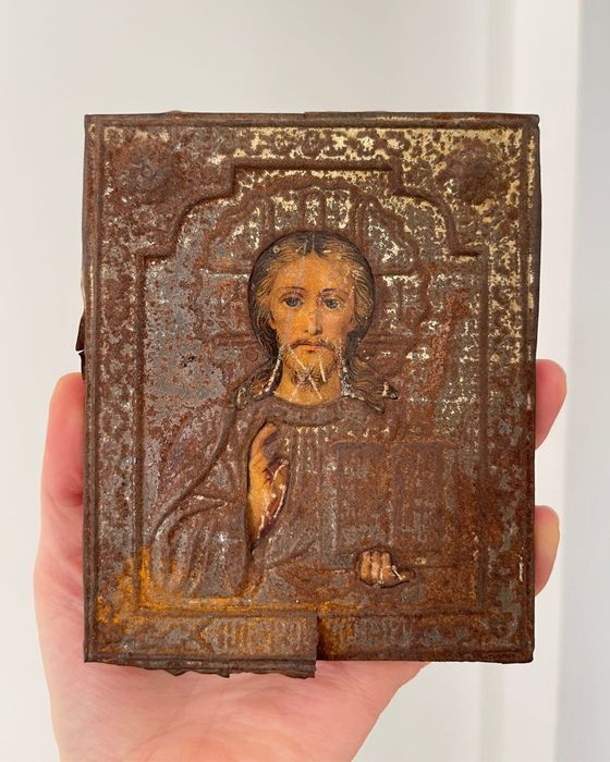 Stara Ikona w Metalowym Okładzie 14 cm XIX Riza