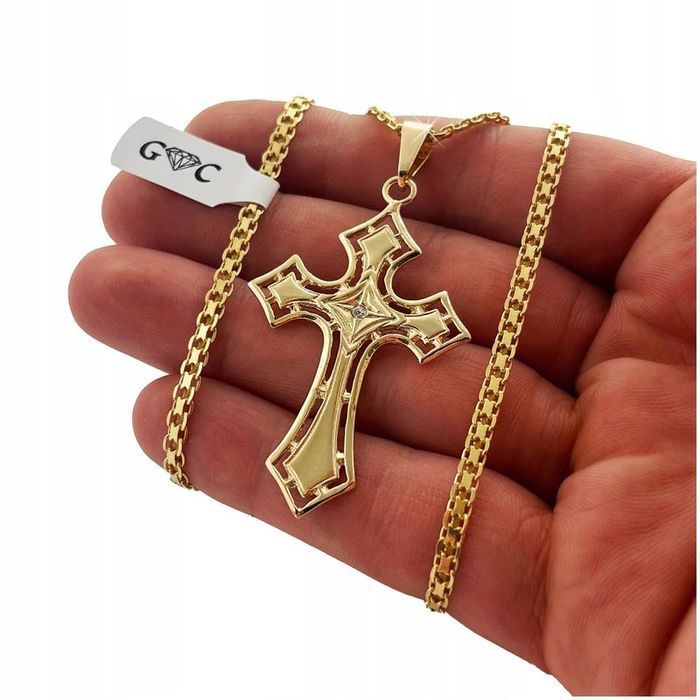 Elegancki Złoty Łańcuszek Męski Bismark + Duży Krzyżyk, Srebro 925 + G