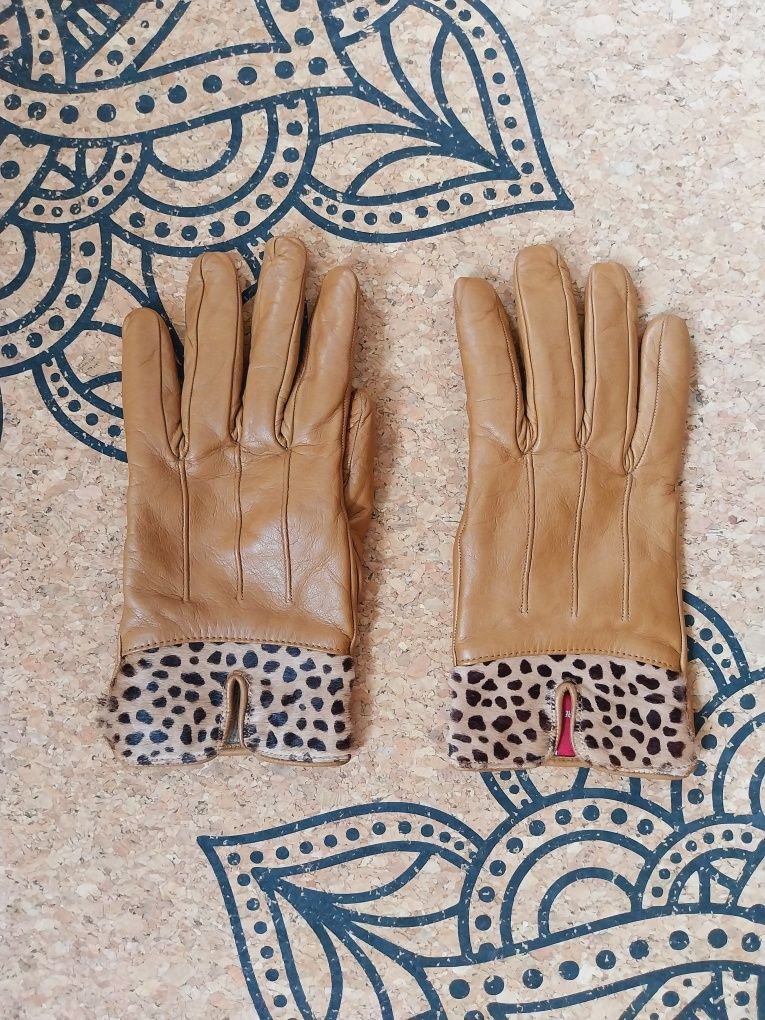 Brązowe skórzane rękawiczki z kaszmiru w panterkę Made in Italy