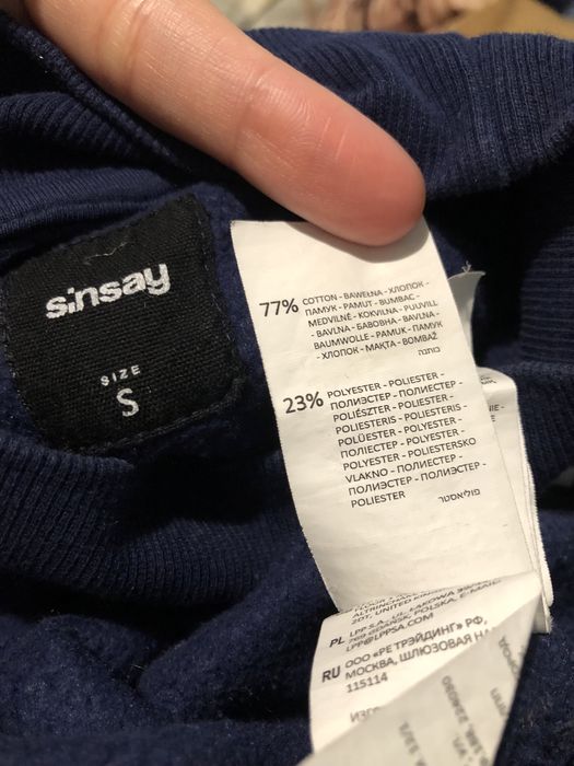 Granatowa bawełniana ocieplana bluza damska, bufki, nadruk, stojka S-L