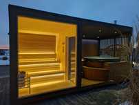 Kompletne Ogrodowe SPA – Sauna + Balia Z HYDROMASAŻEM + Prysznic