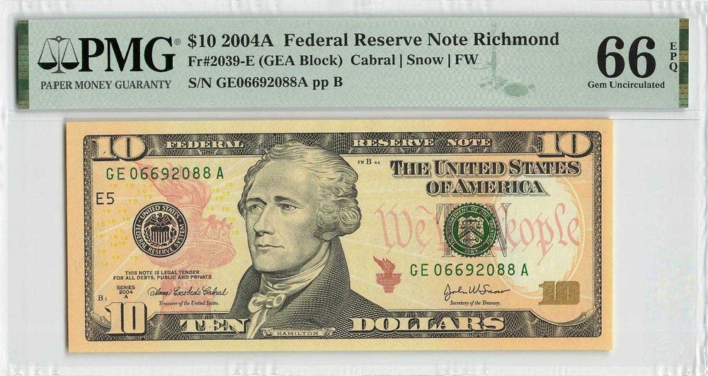 10 Dolarów 2004A Grading PMG 66 UNC kolekcjonerski walor