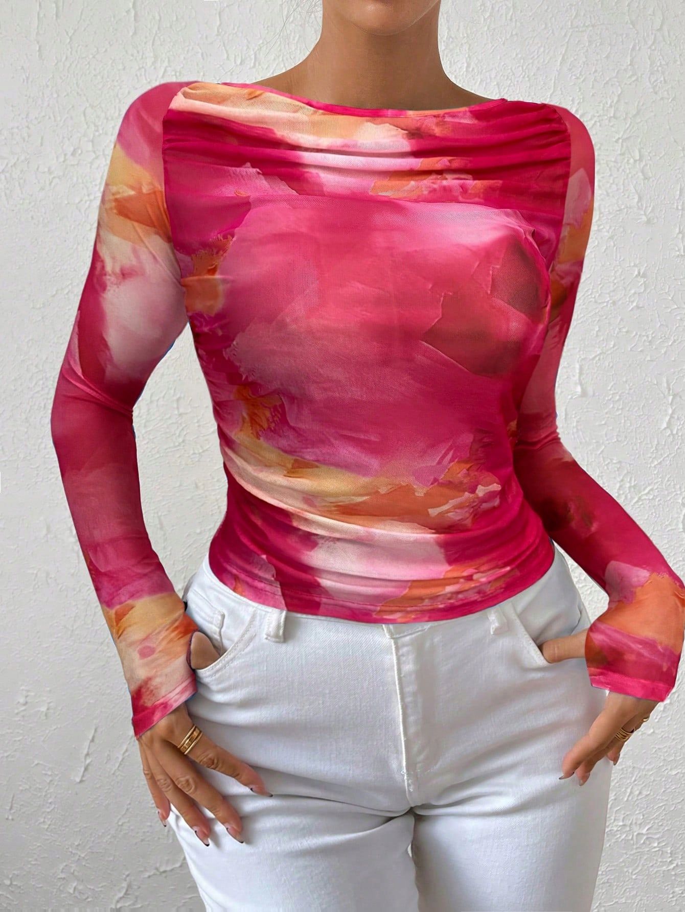 Top Sexy Siateczkowy Marszczony Tie Dye Różowy Shein M 38