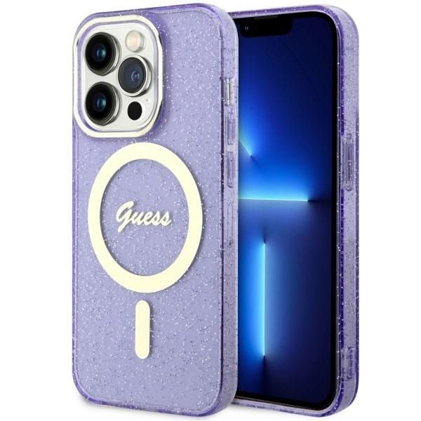 Guess Etui iPhone 14 Pro 6.1" Purpurowe Glitter Gold MagSafe