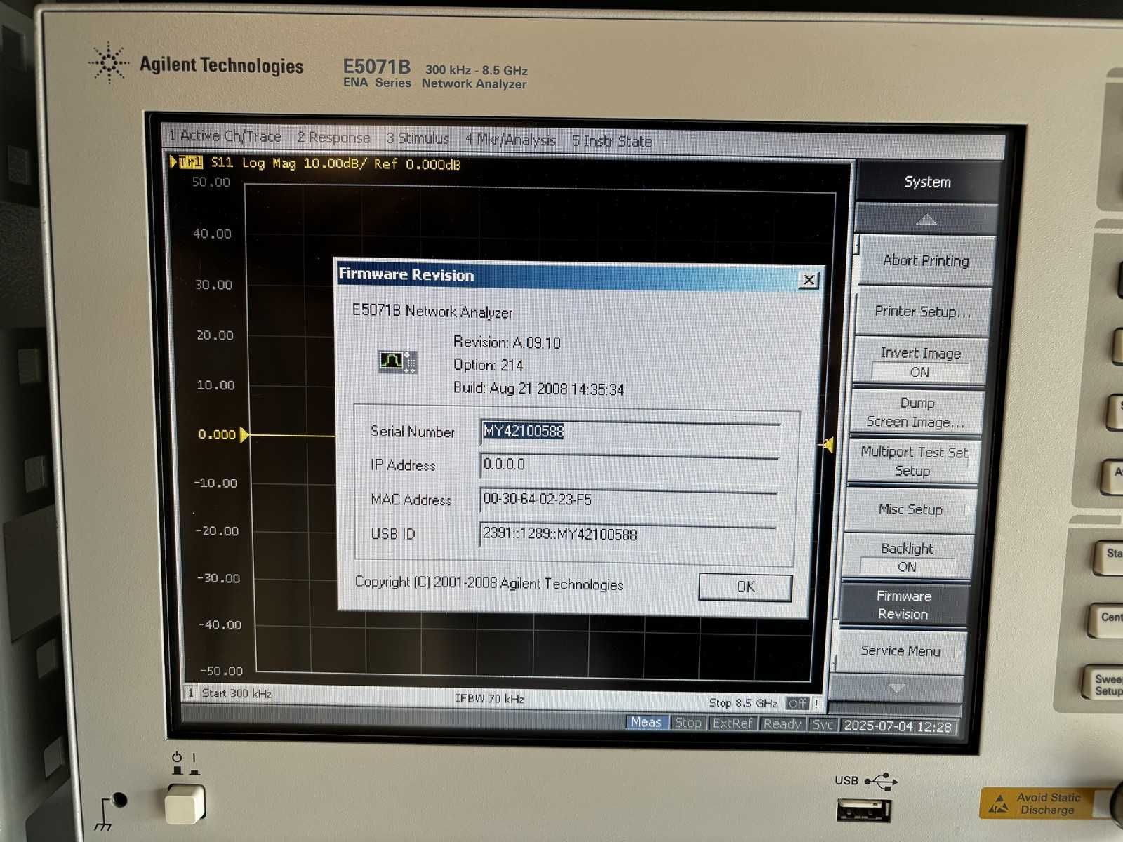Agilent E5071B ENA Vector Network Analyzer, 300kHz-8.5GHz