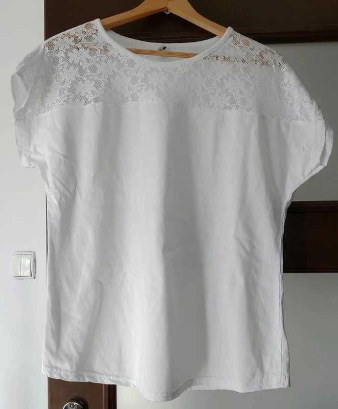 Bawełniana koszulka, krótki rękaw, z koronką, oversize, biała, 42/XL