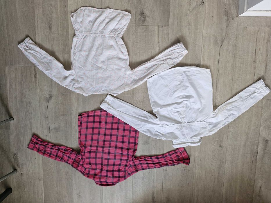 3x koszula długi rękaw elegancka biała kratka na guziki 122-128 zestaw