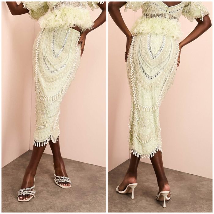 Asos cekinowa spodnica midi midaxi fredzlami piórami perlami  xxl 44