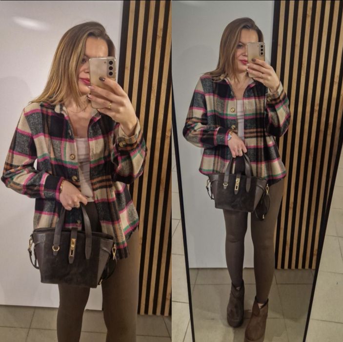 Koszula w kratę jesień beżowa czekolada Varlesca chicaca XS S M L