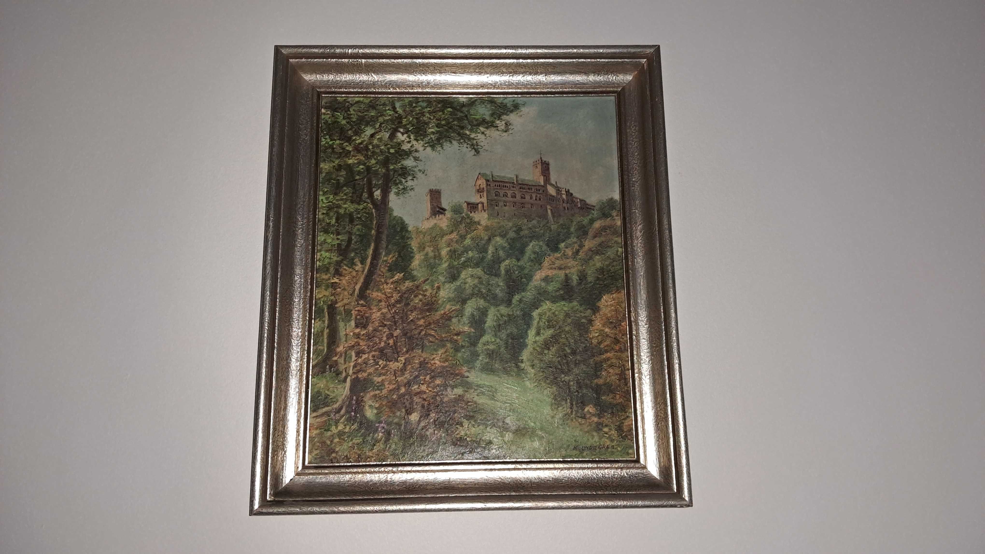 Śliczny obraz olejny Zamek Wartburg Eisenach Karl Lindegren