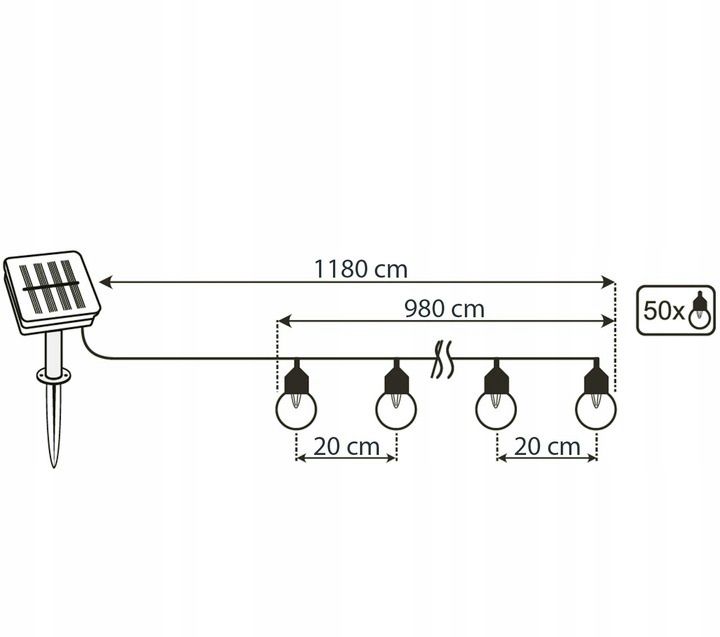 Nowa girlanda solarna ogrodowa balkonowa 11,8m, 50 żarówek LED