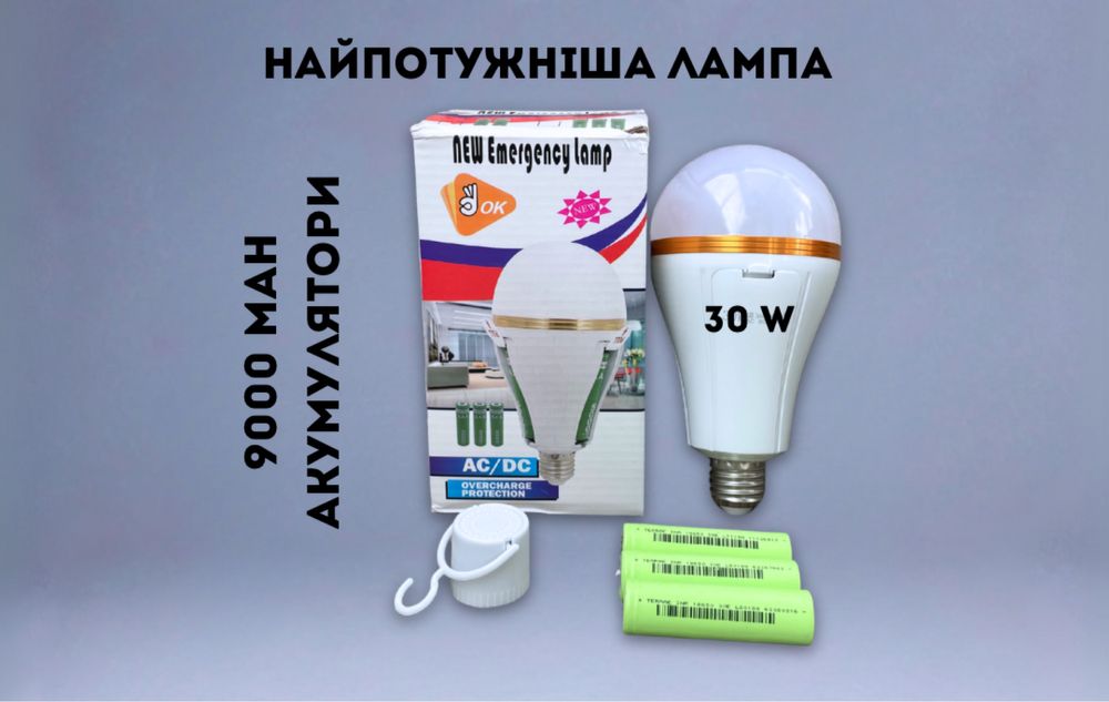 САМА ПОТУЖНА, Акумуляторна лампа 30 ват + 3 акумулятори по 3000 mAh