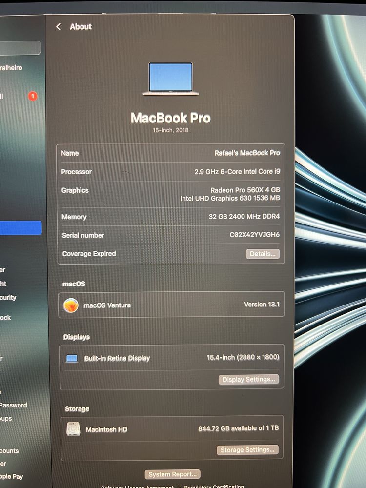 MacBook Pro 15 + I9 6 core + 32GB Ram + 1Tb SSD + Touch Bar