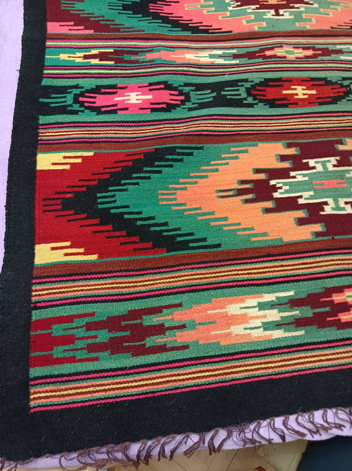 Huculski wełniany kilim.Etno ,folk.Rękodzieło.Antyk.