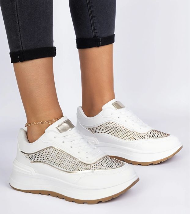 Białe damskie sneakersy z cyrkoniami Fucco