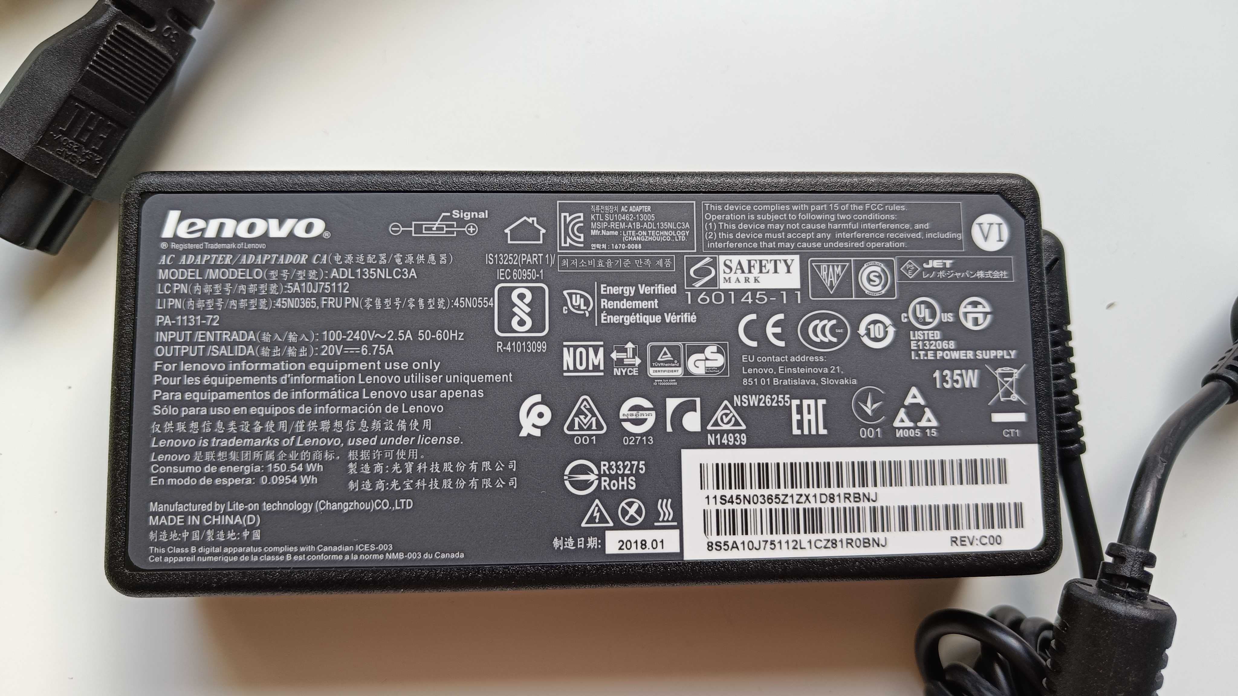 Zasilacz Lenovo 135W Slim Tip, oryginalny - ADL135NLC3A