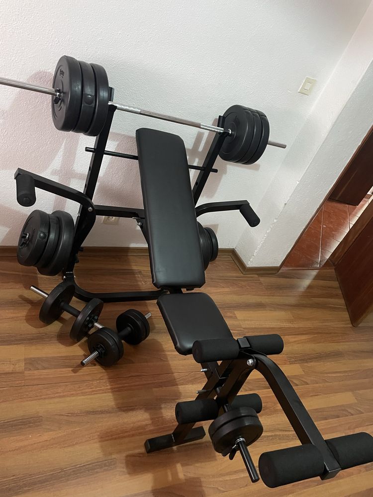 Banco musculação c/ suporte p/ pesos + barras e halteres 80,5kg